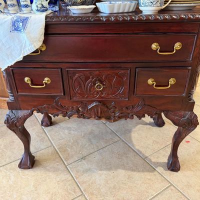 Lot 10: Vintage Chippendale Mahogany Lowboy Chest with 20-Pc Currier & Ives Dinnerware