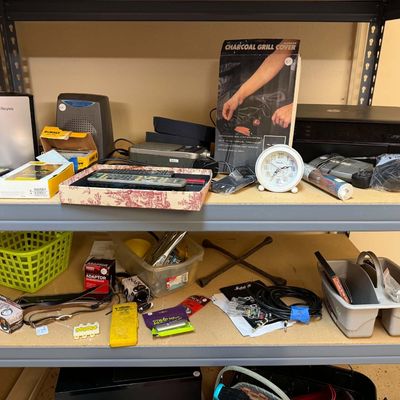 Lot 22: Multi-Item Miscellaneous Estate Lot: Garage Tools, Decor, Lamps, & Storage Rack
