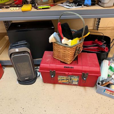 Lot 22: Multi-Item Miscellaneous Estate Lot: Garage Tools, Decor, Lamps, & Storage Rack