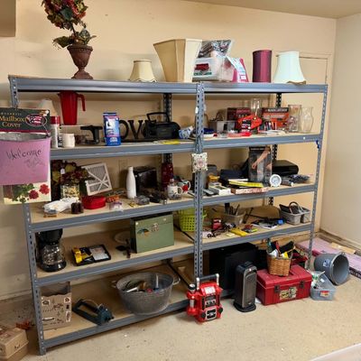 Lot 22: Multi-Item Miscellaneous Estate Lot: Garage Tools, Decor, Lamps, & Storage Rack
