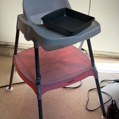 Lot 20: Vintage Slag / Stained Glass Chandelier, Evenflo High Chair, Oster Toaster & Decor