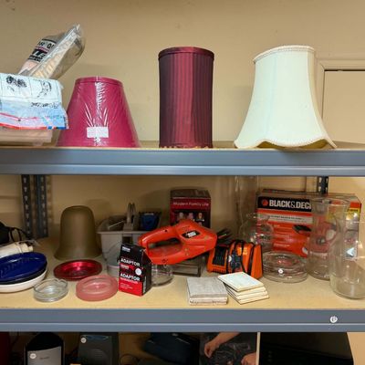 Lot 22: Multi-Item Miscellaneous Estate Lot: Garage Tools, Decor, Lamps, & Storage Rack