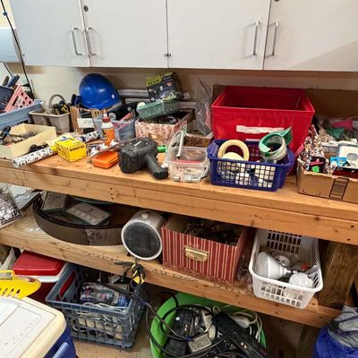 Lot 24: Black & Decker Trimmer, Storage Shelves & Hand Tools