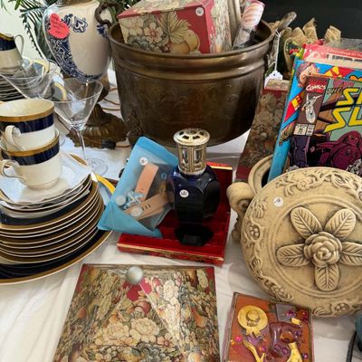 Lot 9: Silver Surfer Comic, Hurricane Lamp, Blue/White Dinnerware & Collectibles