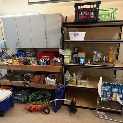 Lot 24: Black & Decker Trimmer, Storage Shelves & Hand Tools