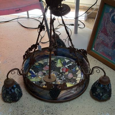Lot 20: Vintage Slag / Stained Glass Chandelier, Evenflo High Chair, Oster Toaster & Decor