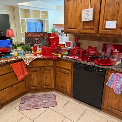 Lot 17: Massive Red-Themed Kitchen Estate Lot: Cookware, Glassware, Signs & Vintage Novelties