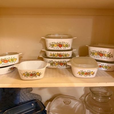 Lot 19: Pantry Contents Lot: Vintage CorningWare, Small Kitchen Appliances, & Decor