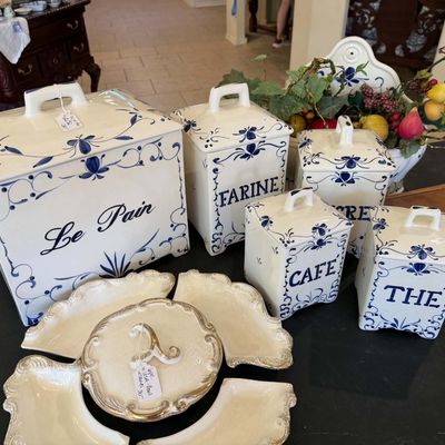 Lot 8: Vintage Jay Willfred by Andrea by Sadek blue and white French porcelain Canister set & Chess Set