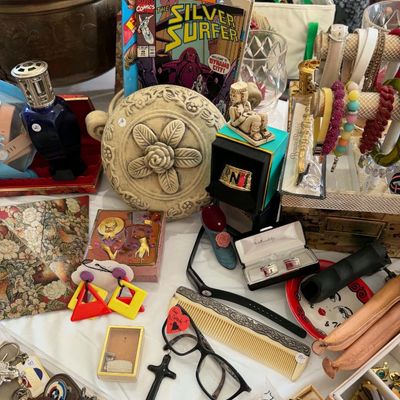Lot 9: Silver Surfer Comic, Hurricane Lamp, Blue/White Dinnerware & Collectibles