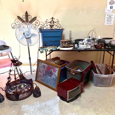 Lot 20: Vintage Slag / Stained Glass Chandelier, Evenflo High Chair, Oster Toaster & Decor