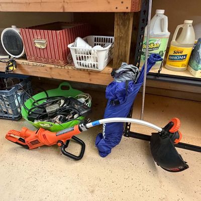 Lot 24: Black & Decker Trimmer, Storage Shelves & Hand Tools