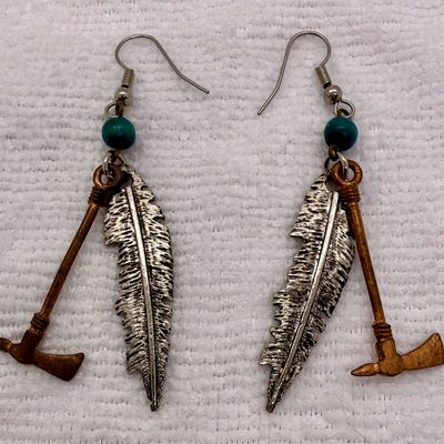 Vintage Southwestern Style Feather and Tomahawk Dangle Earrings