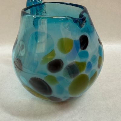Hand-Blown Blue Art Glass Pitcher with Multicolor Spots