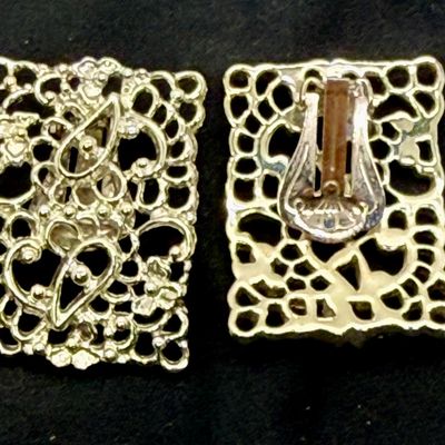 Silver Tone Rectangular Lattice Clip-on Earrings