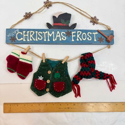 Vintage Wooden 'Christmas Frost' Welcome Sign with Miniature Clothesline