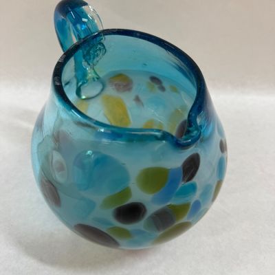 Hand-Blown Blue Art Glass Pitcher with Multicolor Spots