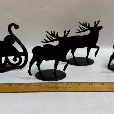 Vintage Black Metal Sleigh and Reindeer Candle Holder Set - 4 Pieces