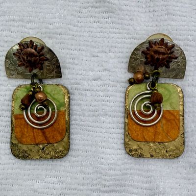 Vintage Mixed Metal Celestial Sun & Spiral Dangle Post Earrings