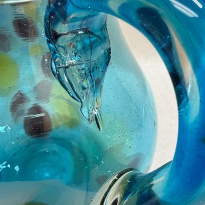 Hand-Blown Blue Art Glass Pitcher with Multicolor Spots
