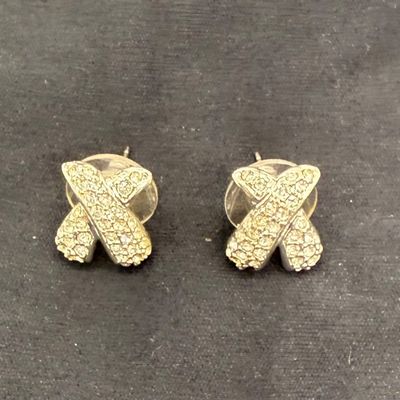 Vintage Silver Tone Rhinestone X-Shaped Stud Earrings