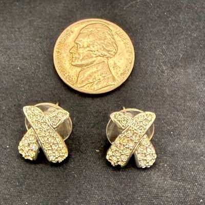 Vintage Silver Tone Rhinestone X-Shaped Stud Earrings