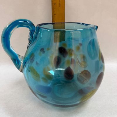 Hand-Blown Blue Art Glass Pitcher with Multicolor Spots