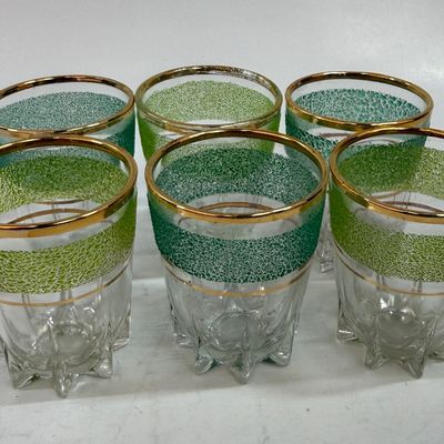 Vintage Green and Gold Textured Shot glasses - Set of 6 - Mid Century