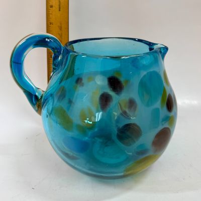 Hand-Blown Blue Art Glass Pitcher with Multicolor Spots