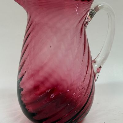 Vintage Cranberry Glass Swirl Pitcher with Clear Handle