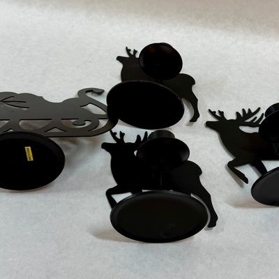 Vintage Black Metal Sleigh and Reindeer Candle Holder Set - 4 Pieces