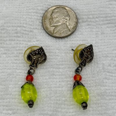 Vintage Silver-Tone Dangle Earrings with Green and Orange Beads