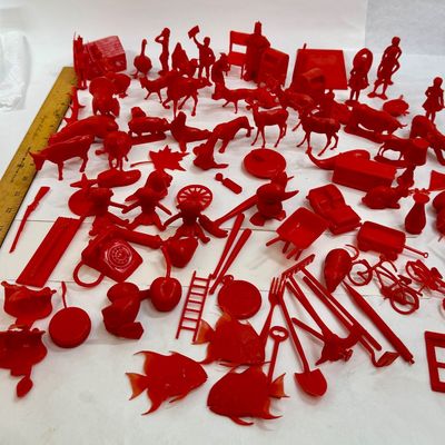 Vintage Red Plastic Cracker Jack & Gumball Machine Prizes Lot