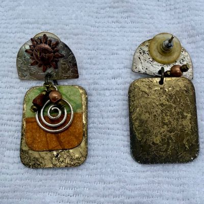 Vintage Mixed Metal Celestial Sun & Spiral Dangle Post Earrings