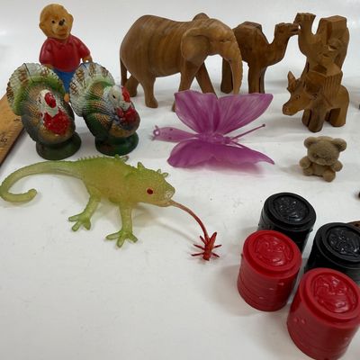 Vintage Toy & Novelty Lot with Hand-Carved Wooden Animals and Marbles plus round tin game board