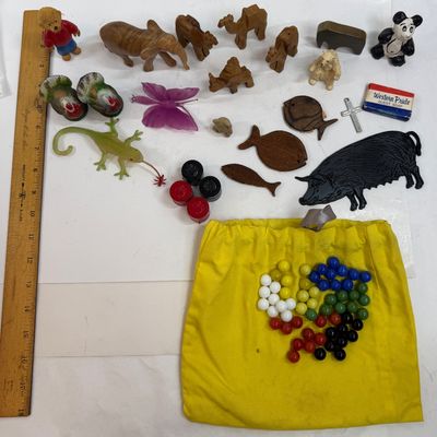 Vintage Toy & Novelty Lot with Hand-Carved Wooden Animals and Marbles plus round tin game board