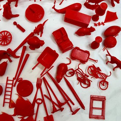 Vintage Red Plastic Cracker Jack & Gumball Machine Prizes Lot