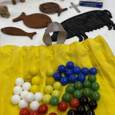 Vintage Toy & Novelty Lot with Hand-Carved Wooden Animals and Marbles plus round tin game board