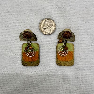 Vintage Mixed Metal Celestial Sun & Spiral Dangle Post Earrings