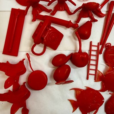 Vintage Red Plastic Cracker Jack & Gumball Machine Prizes Lot