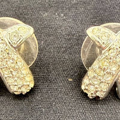 Vintage Silver Tone Rhinestone X-Shaped Stud Earrings