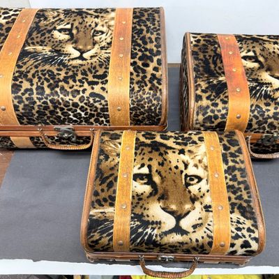 Vintage Faux Leopard Print Nesting Suitcases - Set of 3