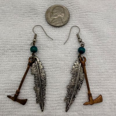 Vintage Southwestern Style Feather and Tomahawk Dangle Earrings