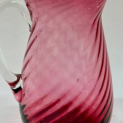 Vintage Cranberry Glass Swirl Pitcher with Clear Handle
