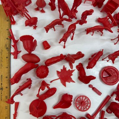 Vintage Red Plastic Cracker Jack & Gumball Machine Prizes Lot