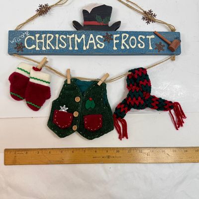 Vintage Wooden 'Christmas Frost' Welcome Sign with Miniature Clothesline