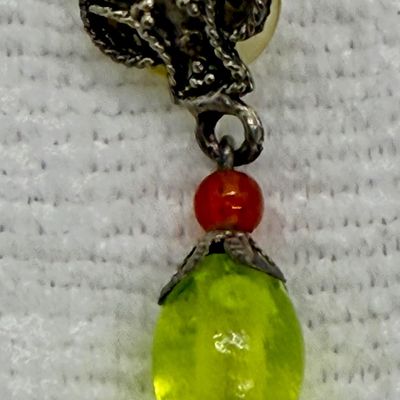 Vintage Silver-Tone Dangle Earrings with Green and Orange Beads
