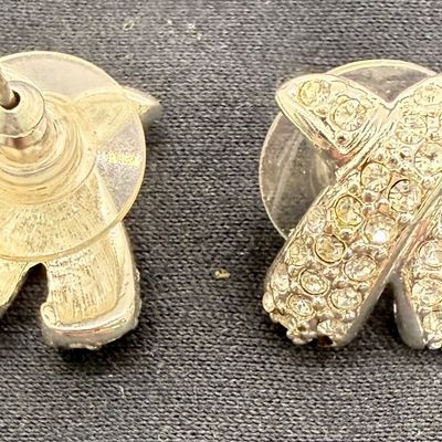 Vintage Silver Tone Rhinestone X-Shaped Stud Earrings
