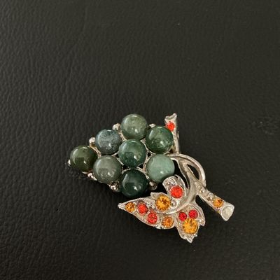 Vintage Silver Tone Grape Cluster Brooch with Green Stones and Rhinestones