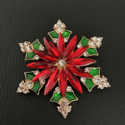 Vintage Christmas Poinsettia and Holly Snowflake Brooch